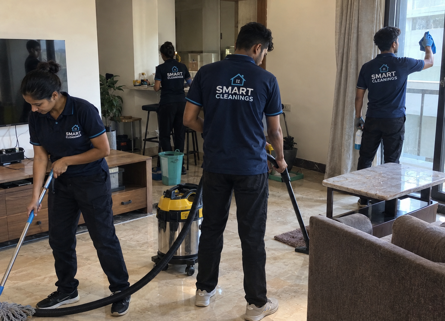 Cleaning team preparing equipment in a bright living room